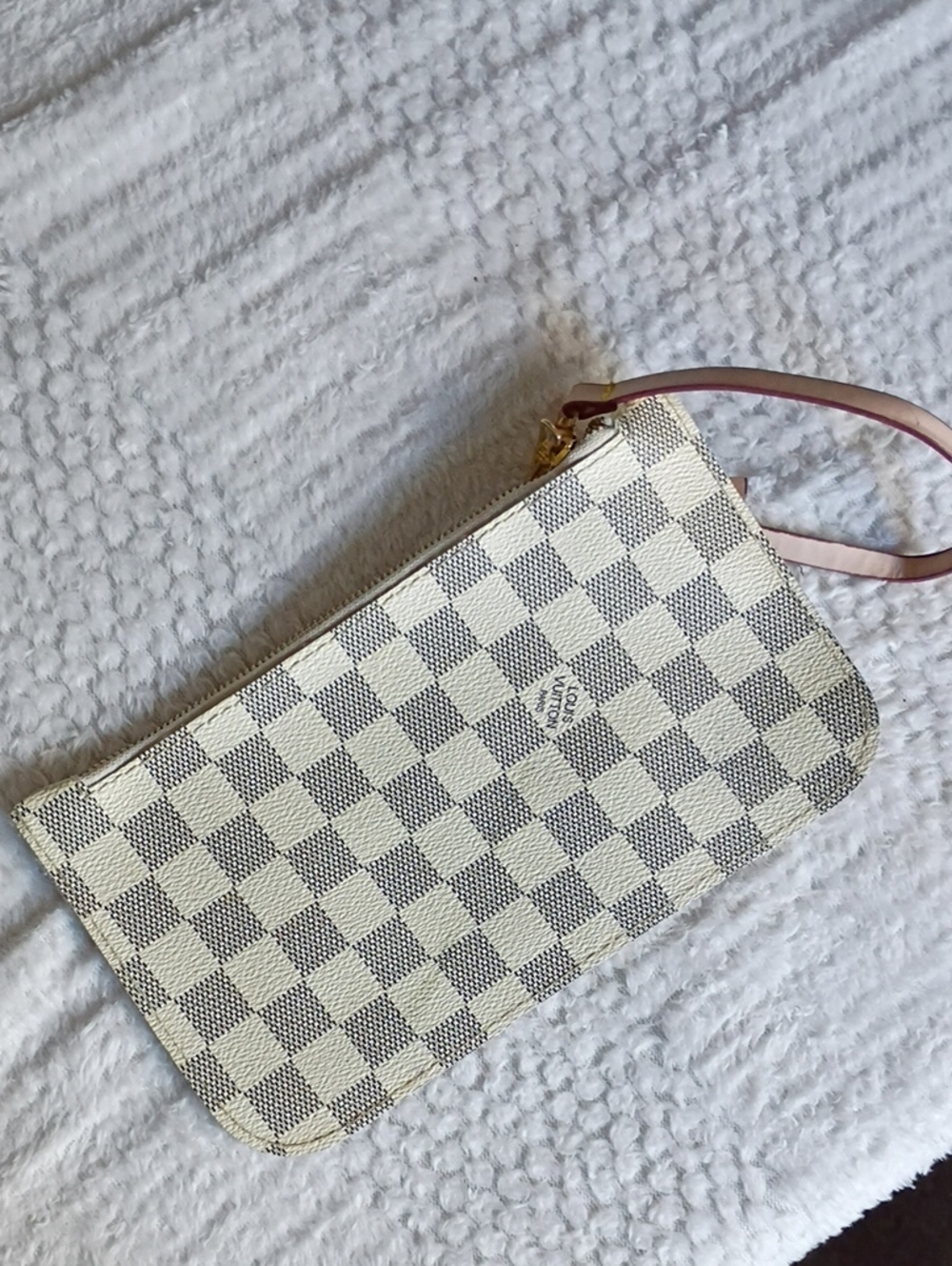 Cream Check Wristlet Pouch with Pink Strap